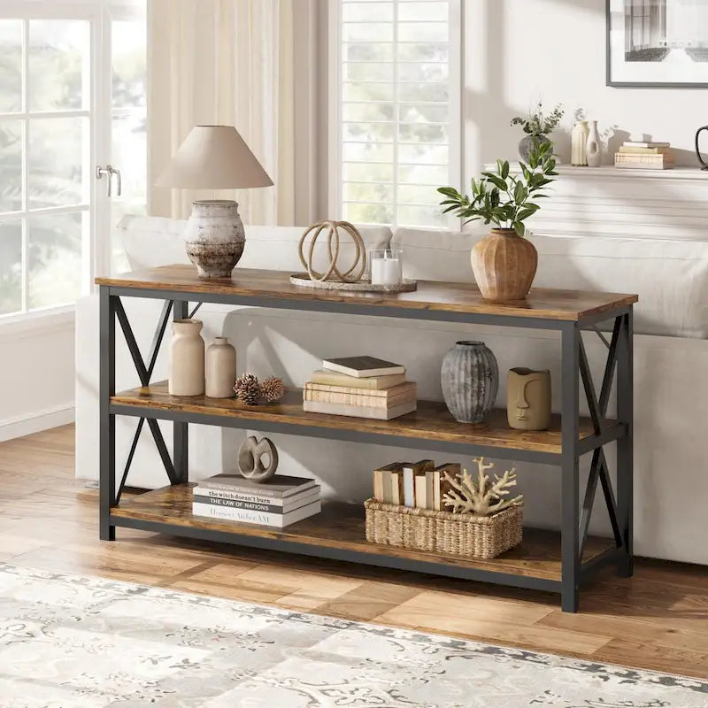 Console rustique de 55 pouces avec pieds en métal en X pour entrée