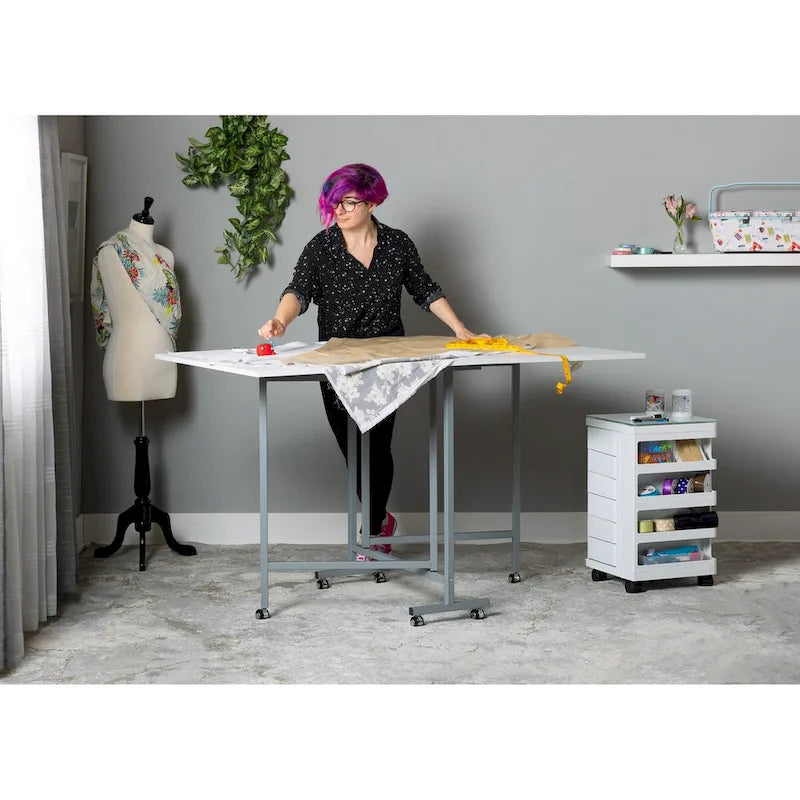 Table de machine à coudre et à découper artisanale laquée blanche