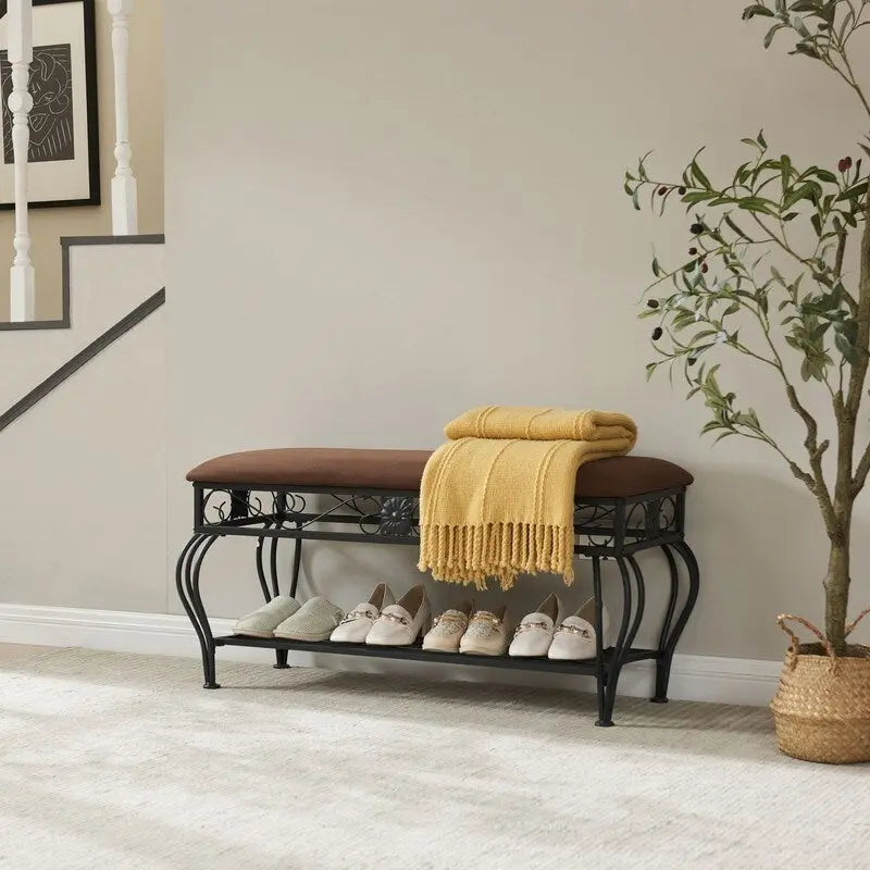 Banc à chaussures, Étagère à chaussures à 2 niveaux pour entrée, Organisateur de rangement avec siège rembourré