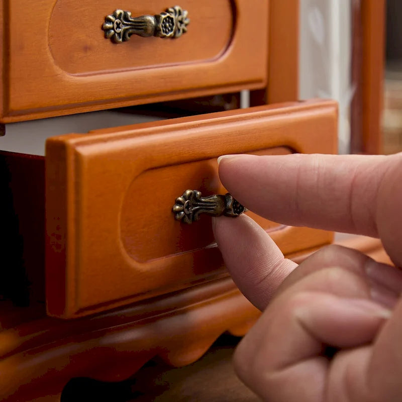 Boîte à Bijoux en Bois Massif avec 5 Tiroirs, Crochets pour Colliers et Miroir Intégré