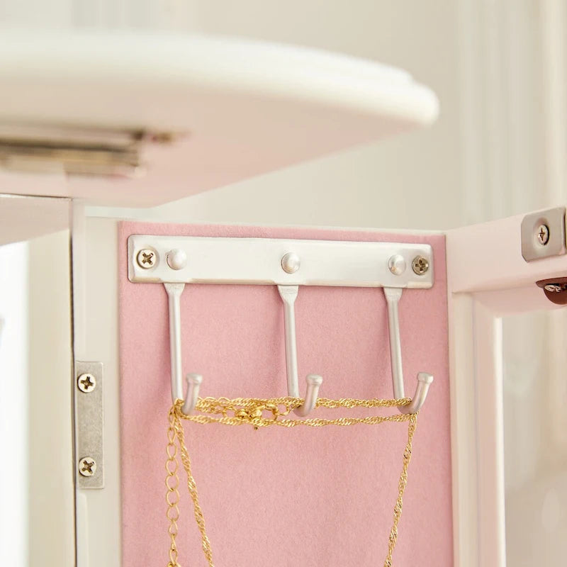 Boîte à Bijoux en Bois Massif avec 5 Tiroirs, Crochets pour Colliers et Miroir Intégré
