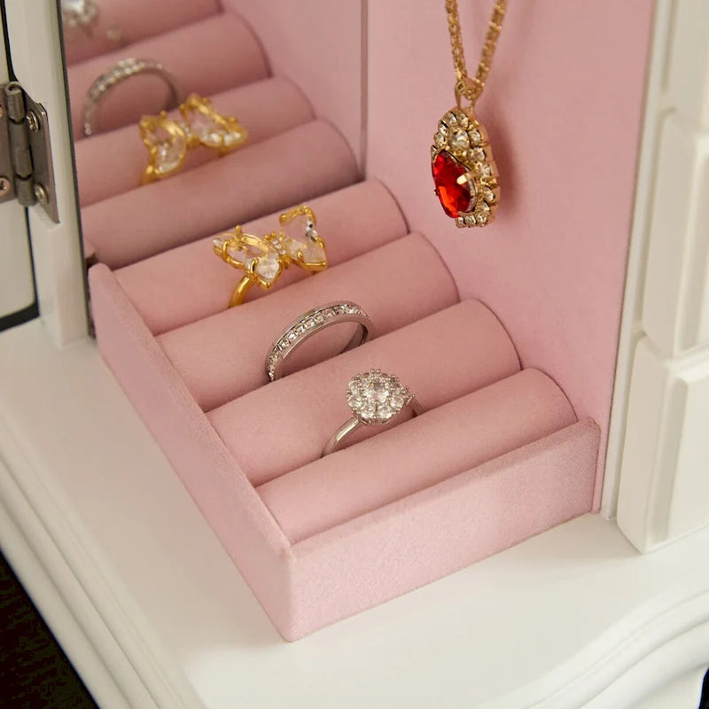 Boîte à Bijoux en Bois Massif avec 5 Tiroirs, Crochets pour Colliers et Miroir Intégré