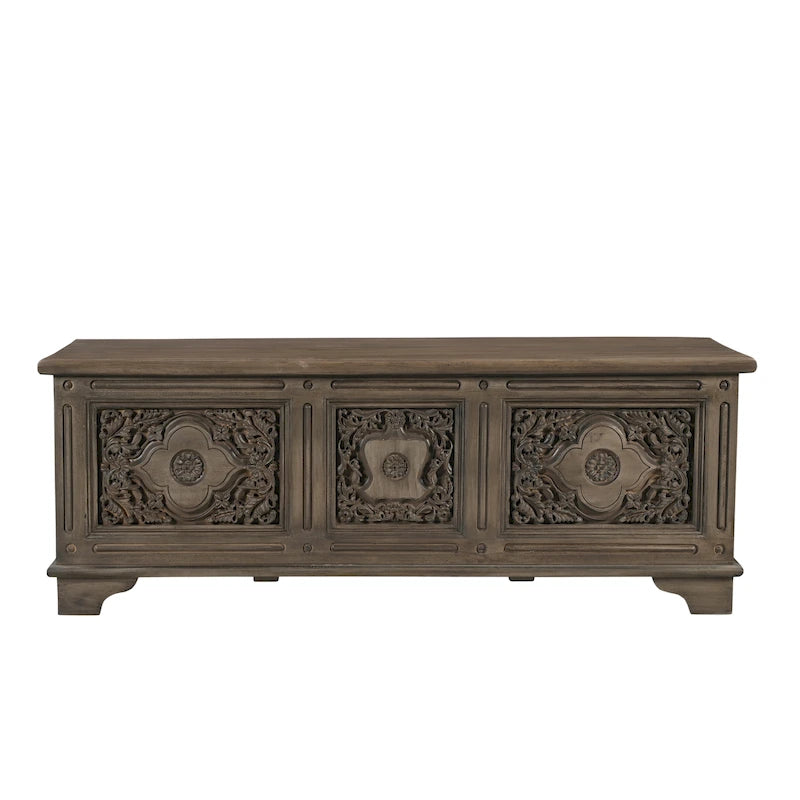 Pouf de rangement sculpté en bois massif