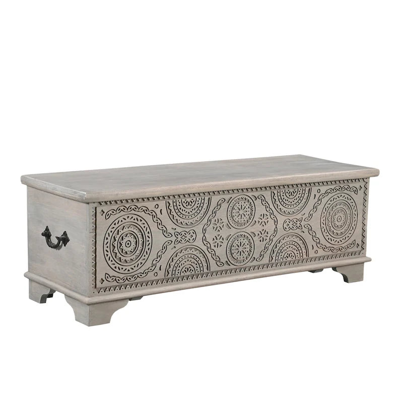 Pouf de rangement sculpté en bois massif