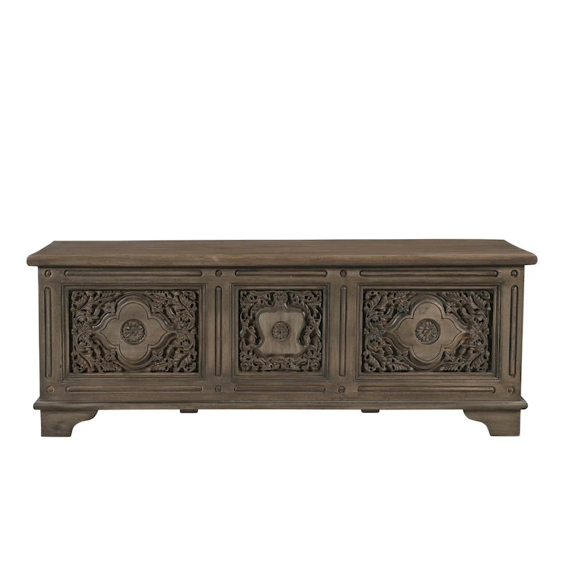 Pouf de rangement sculpté en bois massif