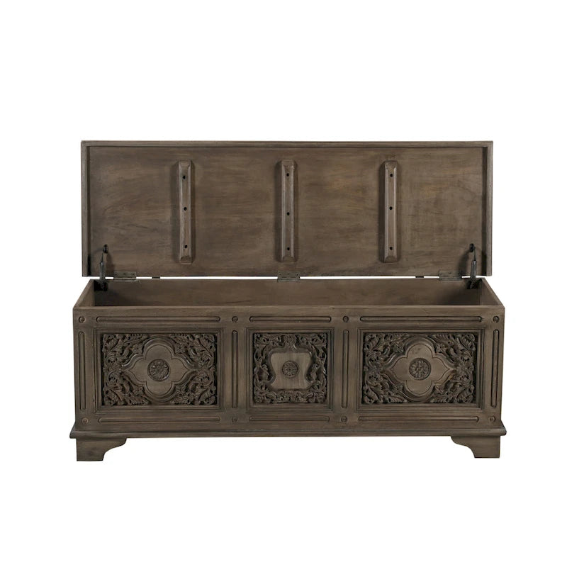 Pouf de rangement sculpté en bois massif