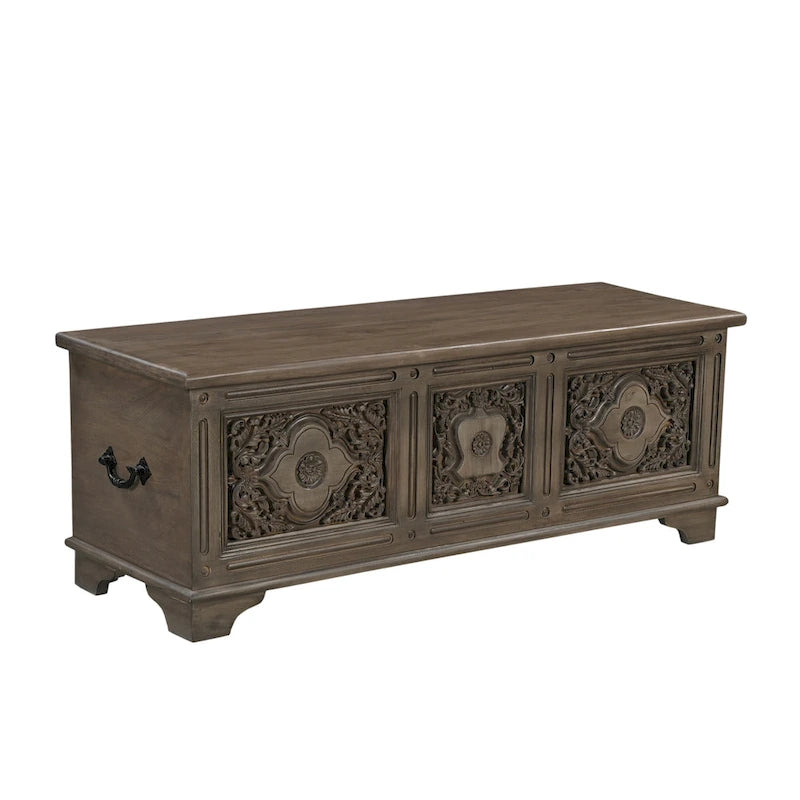 Pouf de rangement sculpté en bois massif