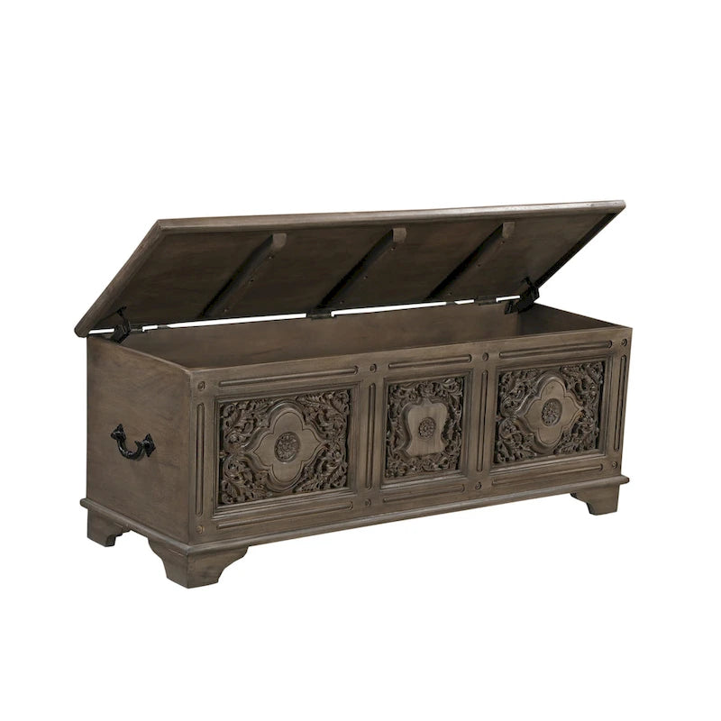 Pouf de rangement sculpté en bois massif